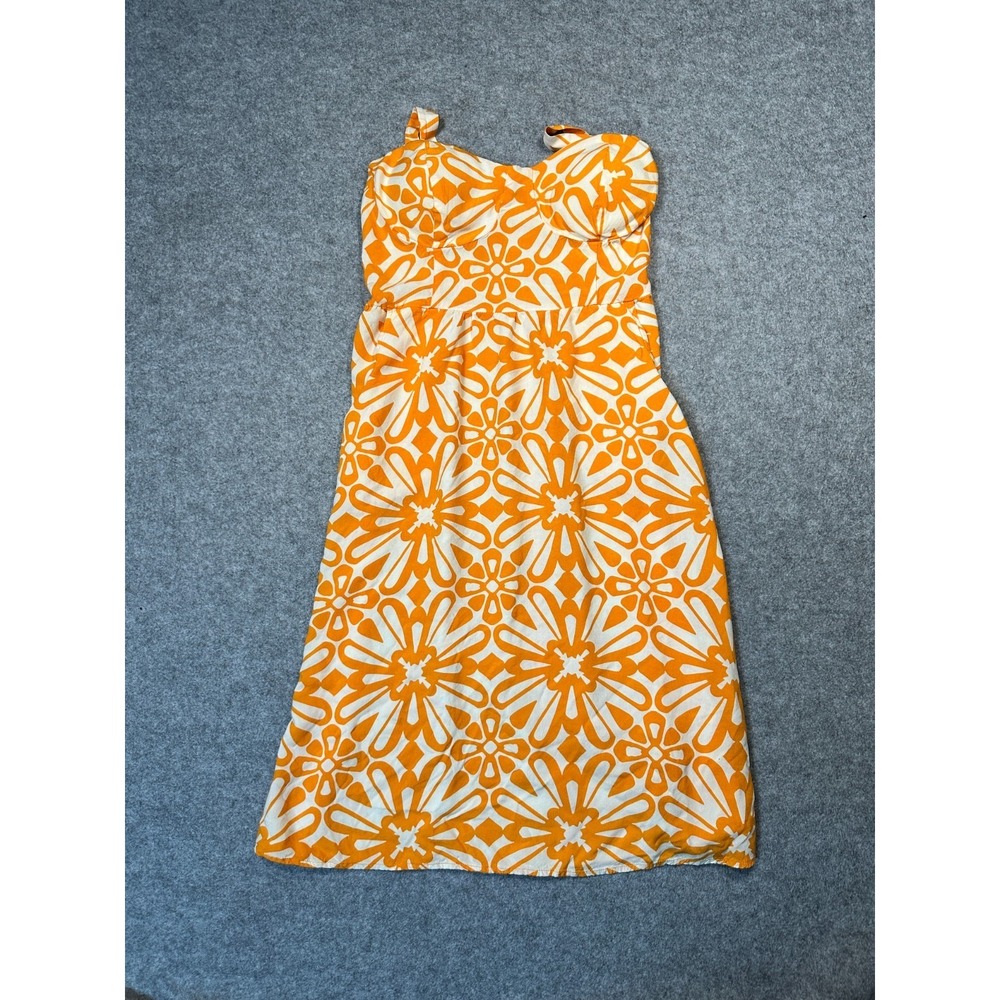 AUW Midi Sundress Women's Large Orange White Floral Rayon Boho Aesthetic Summer